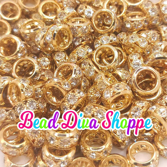12mm - SET of 10 -  GOLD -  Big Holes Crystal Rhinestone Spacer Rondelles Bead for Diy and Jewelry Making Supplies