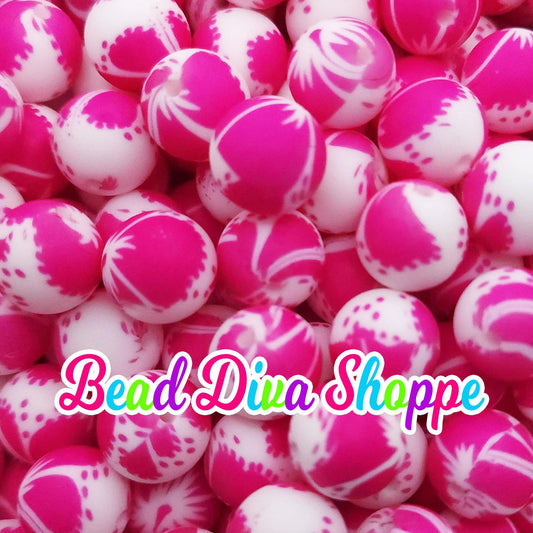 Set of 10 - 15mm - PINK HIBISCUS - Round Silicone Beads - Diy Jewelry Making - Beaded Pens - Keychains - Bracelets
