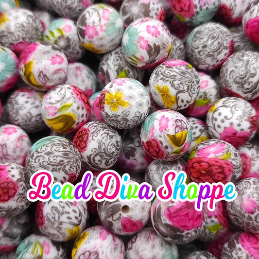 Set of 10 - 15mm - SCROLL DAMASK W/FLOWERS - Round Silicone Beads - Diy Jewelry Making - Beaded Pens - Keychains - Bracelets