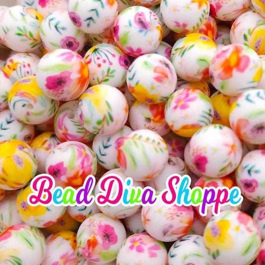 Set of 10 - 15mm - SWEET FLOWERS - Round Silicone Beads - Diy Jewelry Making - Beaded Pens - Keychains - Bracelets