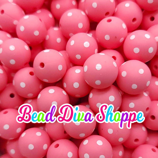 Set of 10 - 15mm - PINK WHITE DOTS - Round Silicone Beads - Diy Jewelry Making - Beaded Pens - Keychains - Bracelets