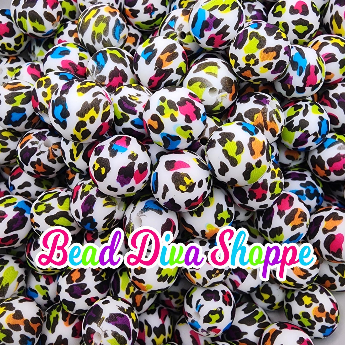 Set of 10 - 15mm - COLORFUL RAINBOW CHEETAH - Round Silicone Beads for Diy and Jewelry Making Supplies