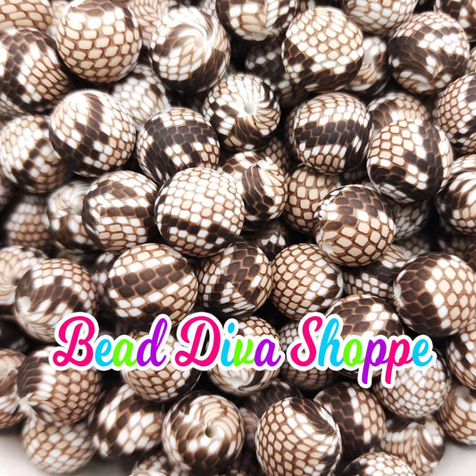 Set of 10 - 15mm - TAN/BROWN SNAKESKIN Print - Round Silicone Beads - Diy Jewelry Making - Beaded Pens - Keychains - Bracelets