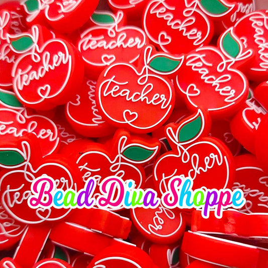 Set of 2 - 30mm x 26mm - RED APPLE TEACHER  - Focal  Beads - Diy Jewelry Making - Beaded Pens - Keychains - Bracelets