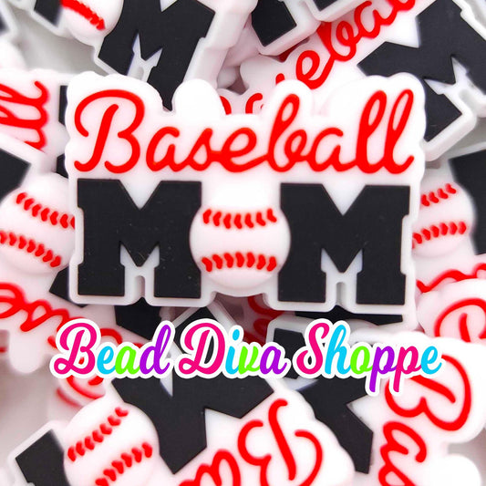 Set of 2 -  40mm X 27mm - BASEBALL MOM  - Focal  Beads - DIY Jewelry Making - Beaded Pens - Keychains - Bracelets