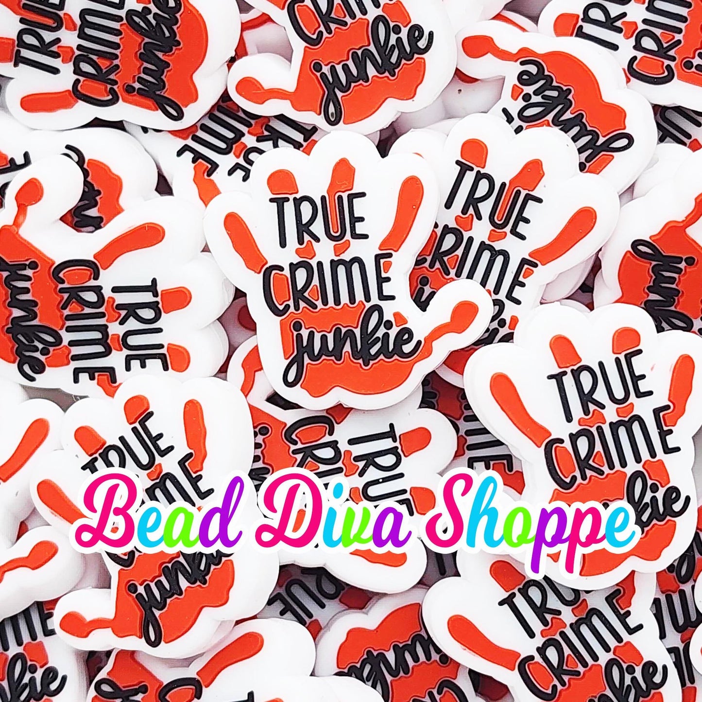 Set of 2 - 28mm x 28mm - TRUE CRIME JUNKIE - Focal  Beads - Diy Jewelry Making - Beaded Pens - Keychains - Bracelets