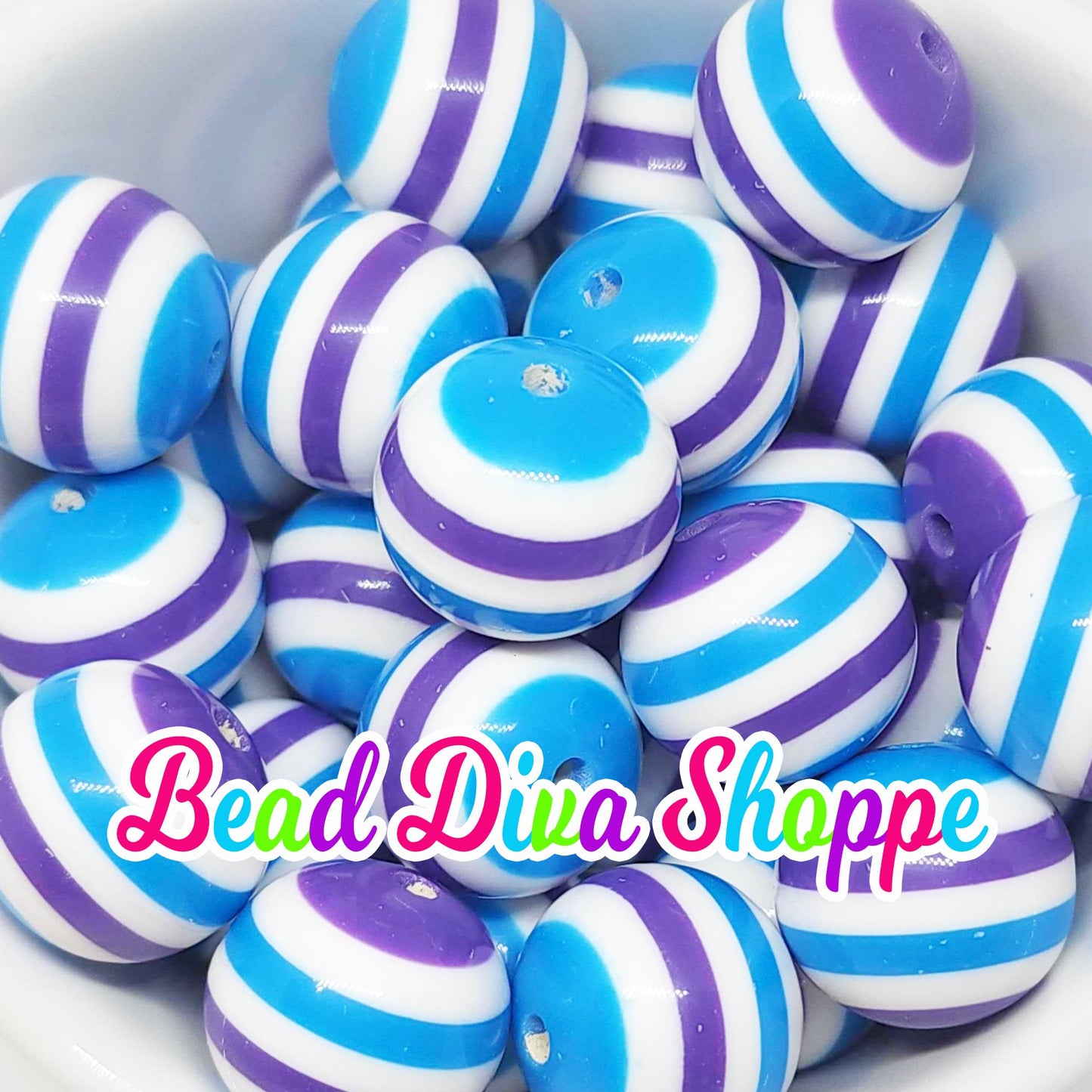 20mm - PURPLE / BLUE  / WHITE Stripes - Bubblegum Beads - Round Acrylic Beads for Diy and Jewelry Making Supplies