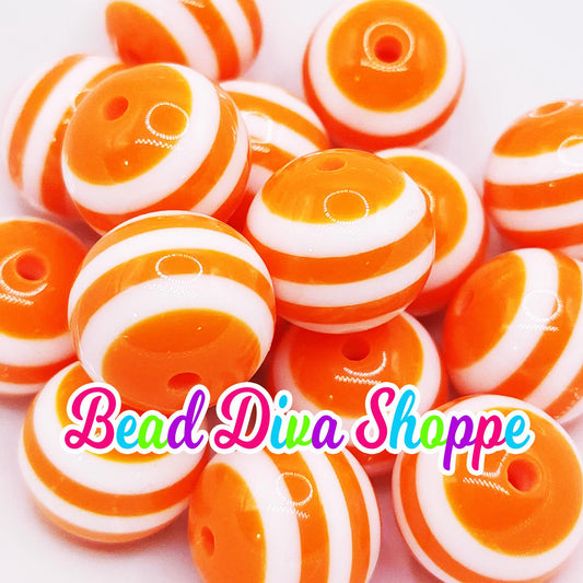 20mm - ORANGE / WHITE STRIPES - Bubblegum Beads - Round Acrylic Beads for Diy and Jewelry Making Supplies