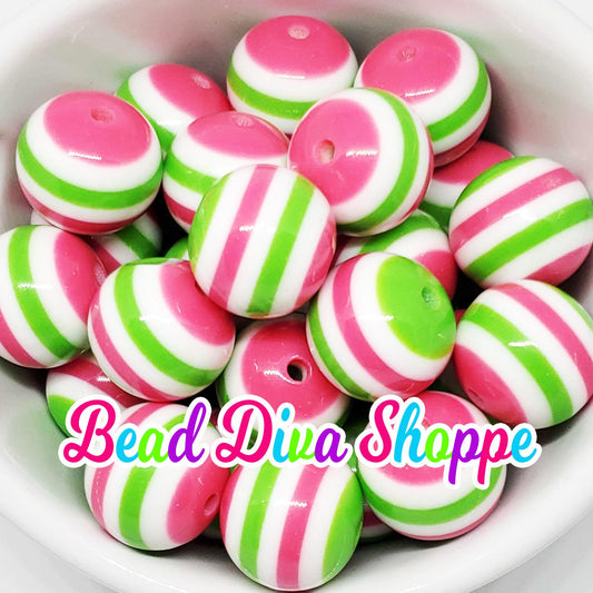 20mm - Hot PINK / LIME / WHITE - Striped Beads - Bubblegum - Round Acrylic Beads for Diy and Jewelry Making Supplies