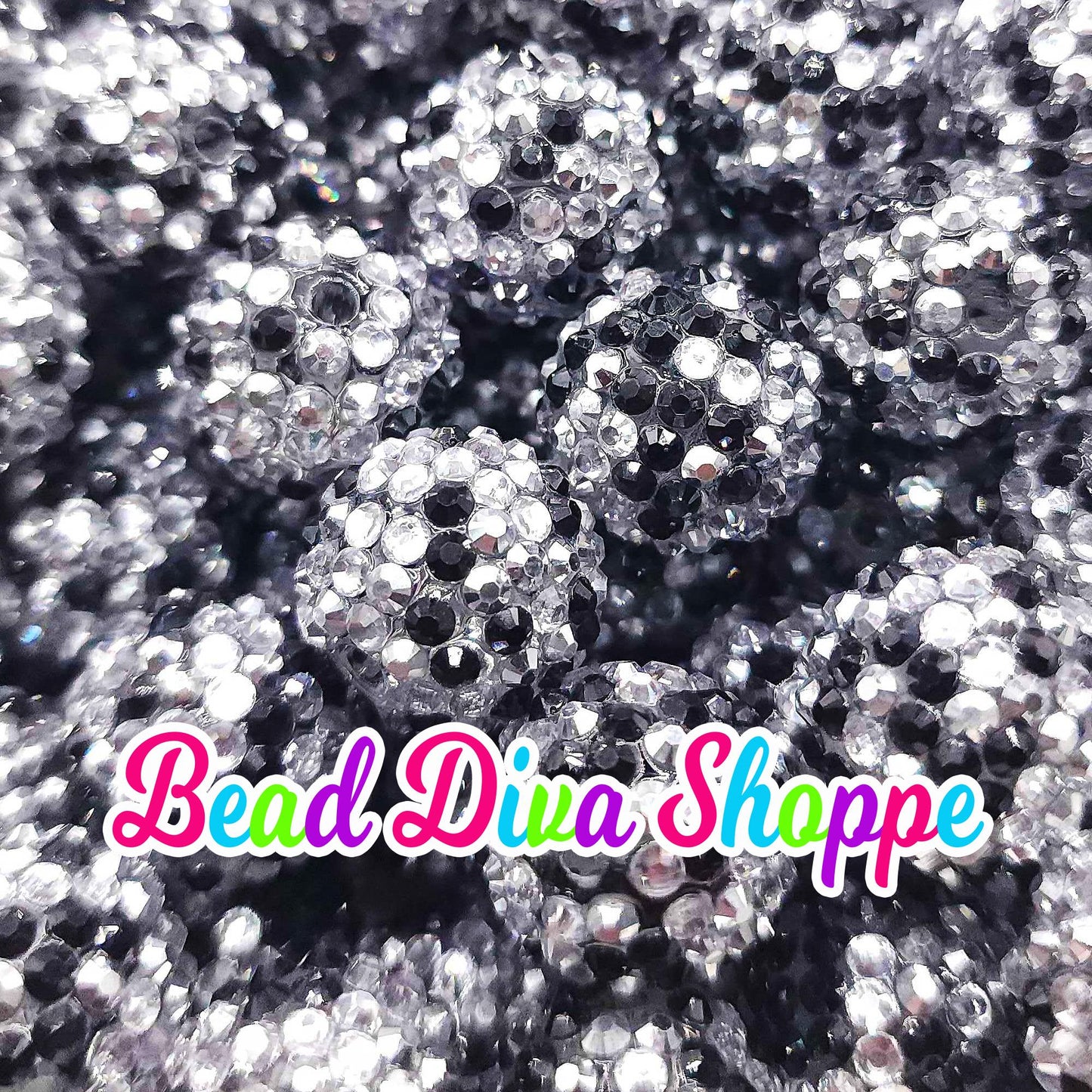 20mm - BLACK / SILVER Rhinestone Beads- Bubblegum - Chunky - Round Acrylic Beads for DIY and Jewelry Making Supplies