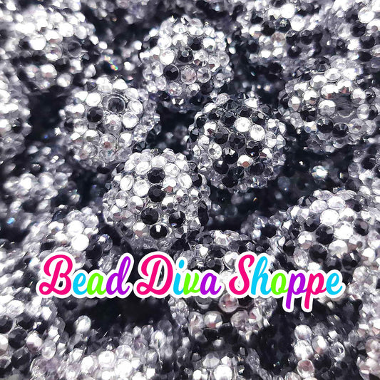 20mm - BLACK / SILVER Rhinestone Beads- Bubblegum - Chunky - Round Acrylic Beads for DIY and Jewelry Making Supplies