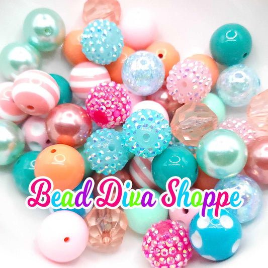 Set of 24 - 20mm - CORAL / AQUA / Hot PINK - Bead Mix - Bubblegum - Round Acrylic Beads for Diy and Jewelry Making Supplies