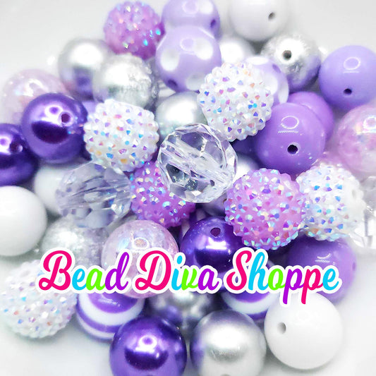 Set of 24 - 20mm - PURPLE / SILVER / WHITE - Bead Mix - Bubblegum - Round Acrylic Beads for Diy and Jewelry Making Supplies