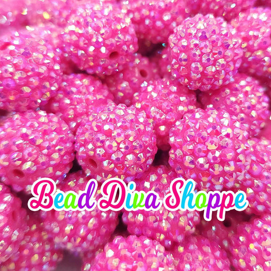 20mm - HOT PINK - AB - Rhinestone Beads  - Bubblegum - Chunky - Round Acrylic Beads for Diy and Jewelry Making Supplies