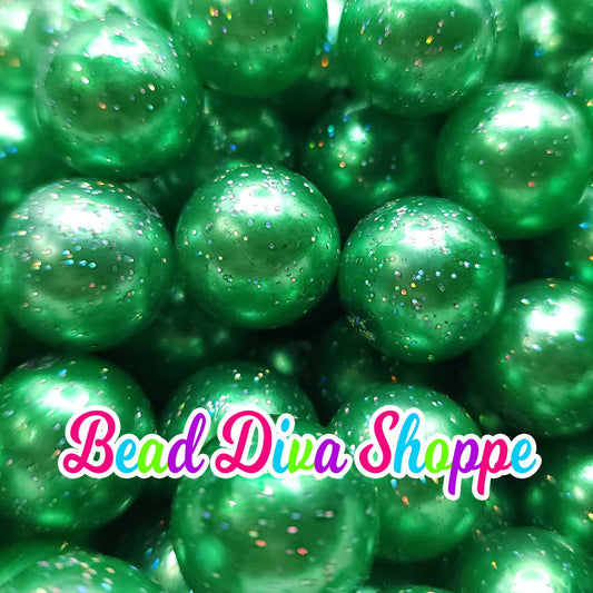 20mm - GREEN GLITTER -  Pearl Glitter - Bubblegum - Round Acrylic Beads for Diy and Jewelry Making Supplies
