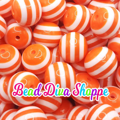20mm - ORANGE / WHITE STRIPES - Bubblegum Beads - Round Acrylic Beads for Diy and Jewelry Making Supplies