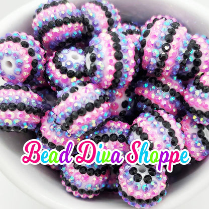 20mm - Hot PINK / BLACK / PURPLE Striped Rhinestone Beads - Bubblegum - Round Acrylic Beads for Diy and Jewelry Making Supplies