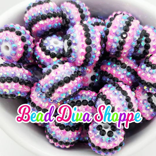 20mm - Hot PINK / BLACK / PURPLE Striped Rhinestone Beads - Bubblegum - Round Acrylic Beads for Diy and Jewelry Making Supplies
