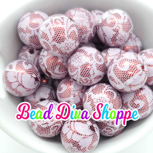 20mm - RED with WHITE Lace Print Beads - Bubblegum - Round Acrylic Beads for Diy and Jewelry Making Supplies