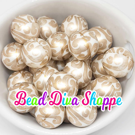 20mm - GOLD SCROLL - Print Beads - Bubblegum - Round Acrylic Beads for Diy and Jewelry Making Supplies