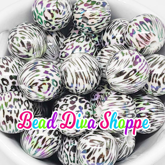 20mm - BLACK / WHITE CHEETAH Ab Printed Beads - Bubblegum - Round Acrylic Beads for Diy and Jewelry Making Supplies