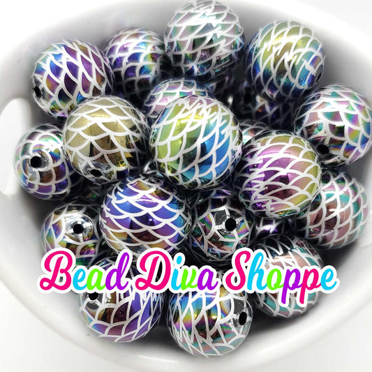 20mm - Silver MERMAID RAINBOW Ab Print Beads - Bubblegum - Round Acrylic Beads for Diy and Jewelry Making Supplies