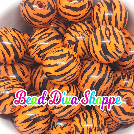20mm - ORANGE / BLACK TIGER Stripes Print Beads - Bubblegum - Round Acrylic Beads for Diy and Jewelry Making Supplies