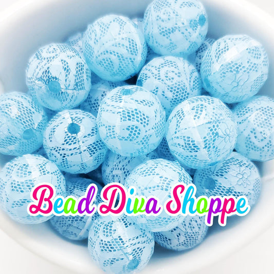 20mm - LIGHT BLUE LACE Print Beads - Bubblegum - Round Acrylic Beads for Diy and Jewelry Making Supplies