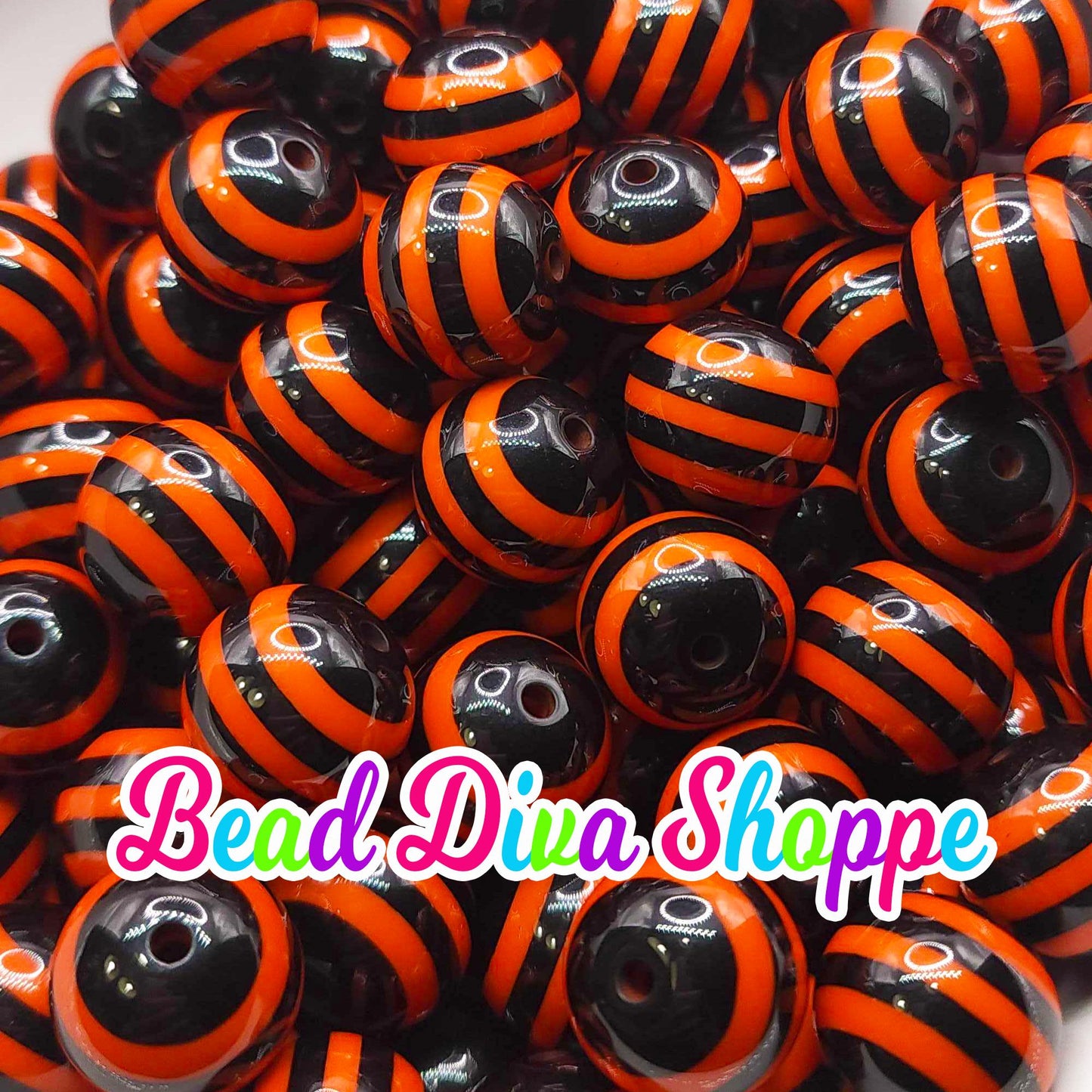 20mm - ORANGE / BLACK STRIPES - Bubblegum Beads - Round Acrylic Beads for Diy and Jewelry Making Supplies