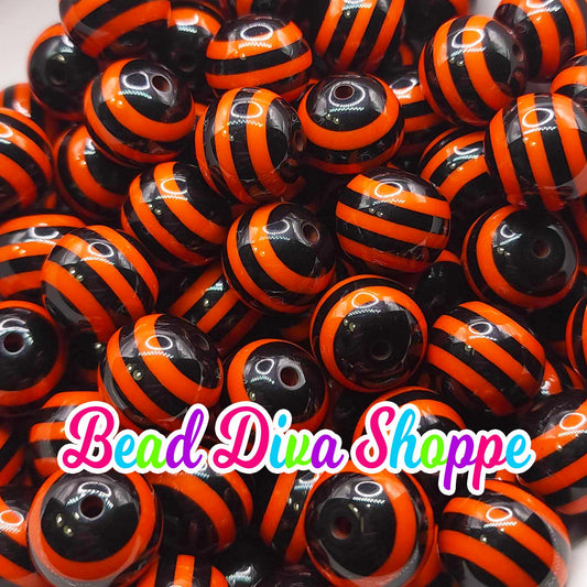 20mm - ORANGE / BLACK STRIPES - Bubblegum Beads - Round Acrylic Beads for Diy and Jewelry Making Supplies