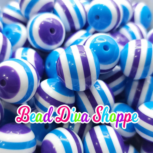 20mm - AQUA / PURPLE STRIPES - Bubblegum Beads - Round Acrylic Beads for Diy and Jewelry Making Supplies