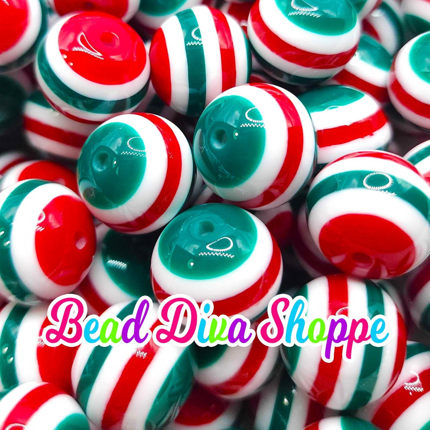 20mm - RED / GREEN / WHITE Stripes - Bubblegum Beads - Round Acrylic Beads for Diy and Jewelry Making Supplies