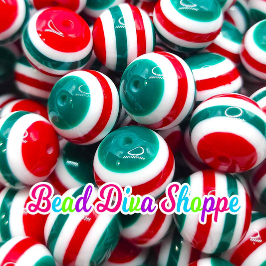 20mm - RED / GREEN / WHITE Stripes - Bubblegum Beads - Round Acrylic Beads for Diy and Jewelry Making Supplies