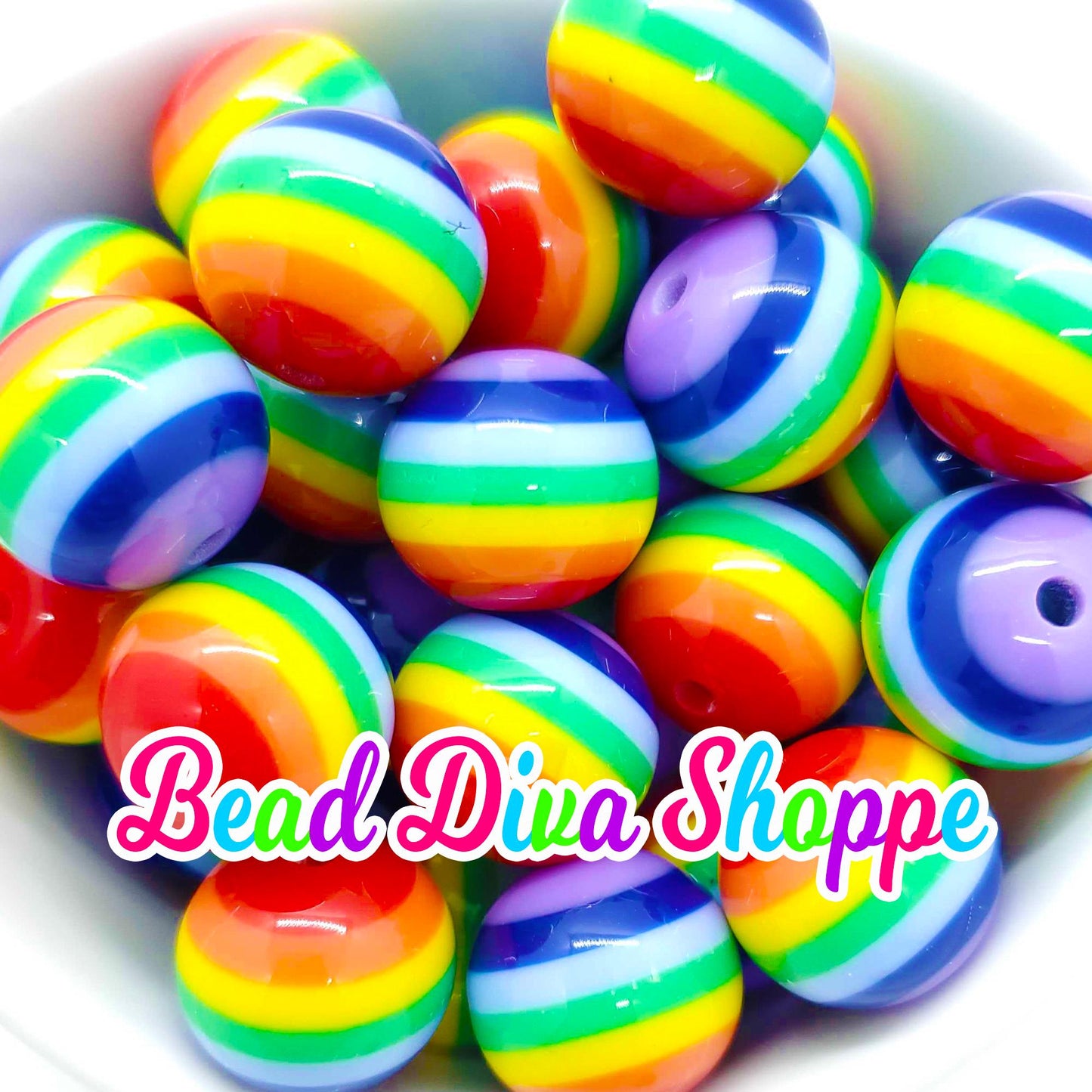 20mm - RAINBOW Stripes - Bubblegum Beads - Round Acrylic Beads for Diy and Jewelry Making Supplies