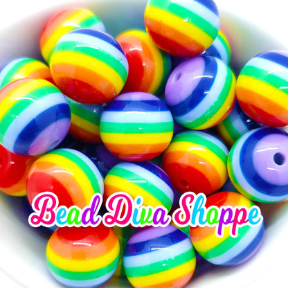 20mm - RAINBOW Stripes - Bubblegum Beads - Round Acrylic Beads for Diy and Jewelry Making Supplies