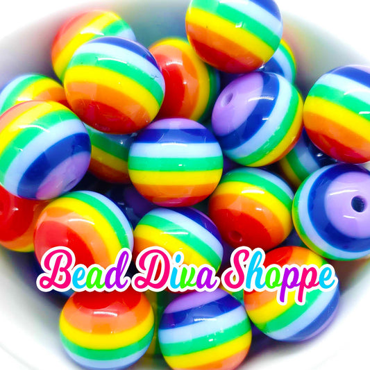 20mm - RAINBOW Stripes - Bubblegum Beads - Round Acrylic Beads for Diy and Jewelry Making Supplies