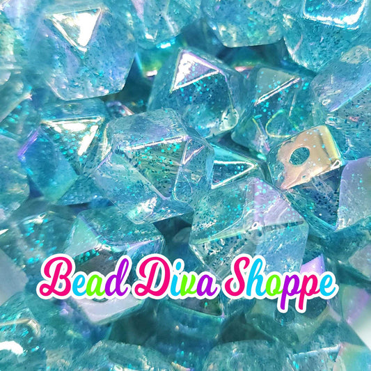 20mm - AQUA HEXAGON GLITTER Ab - Bubblegum Chunky Beads - Round Acrylic Beads for Diy and Jewelry Making Supplies