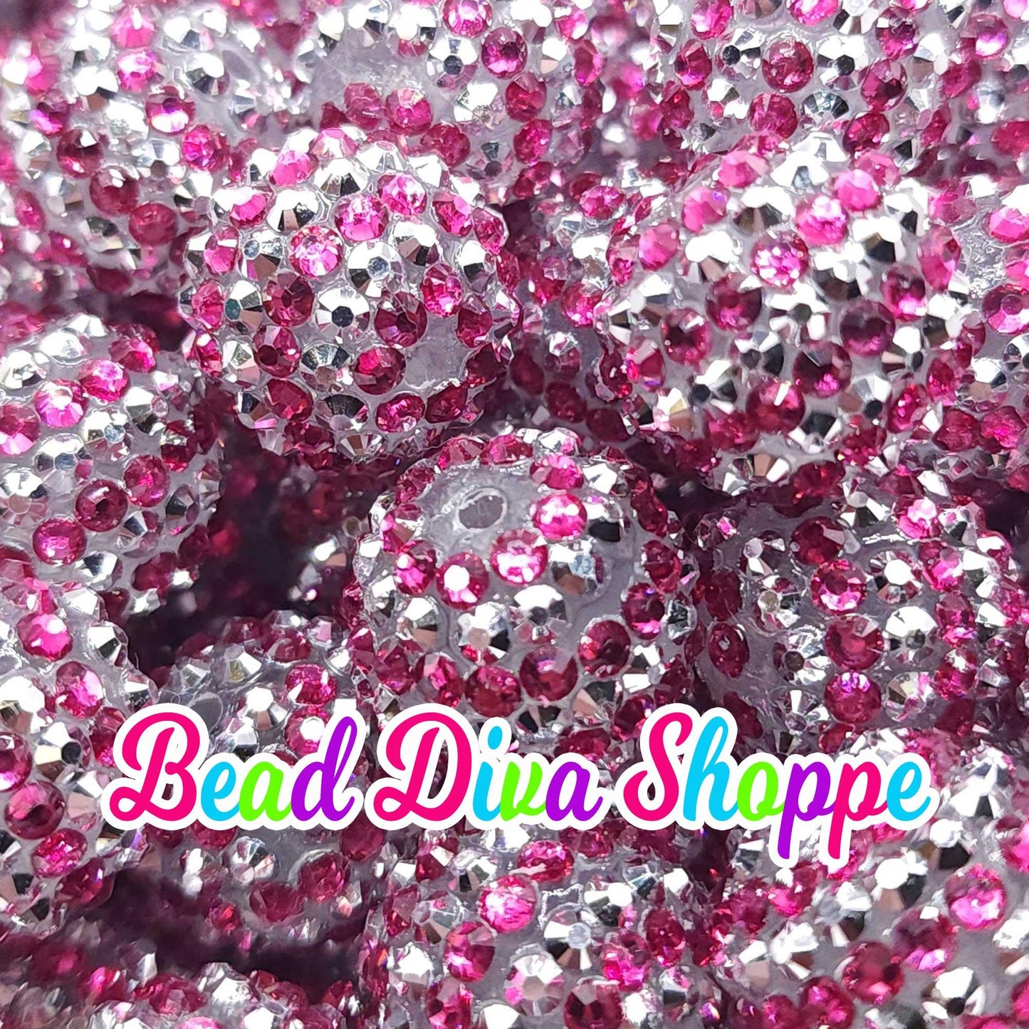20mm - Hot PINK / SILVER STRIPES - Rhinestone Beads  - Bubblegum - Chunky - Round Acrylic Beads for Diy and Jewelry Making Supplies