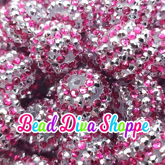 20mm - Hot PINK / SILVER STRIPES - Rhinestone Beads  - Bubblegum - Chunky - Round Acrylic Beads for Diy and Jewelry Making Supplies
