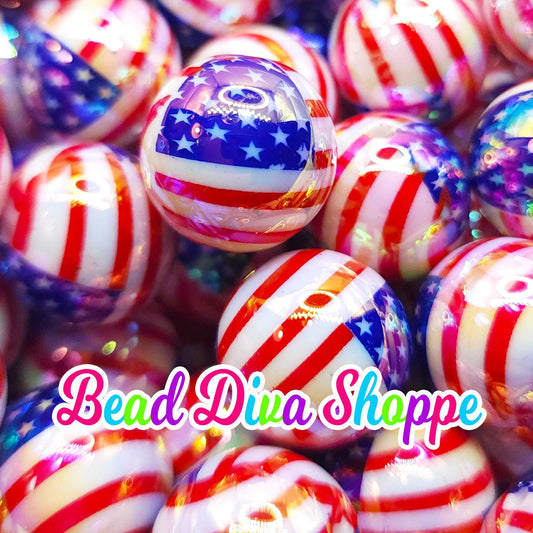 20mm - USA FLAG - AB  Print Beads - Bubblegum - Round Acrylic Beads for Diy and Jewelry Making Supplies