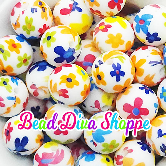 Set of 10 - 15mm - COLORFUL FLOWERS - Round Silicone Beads for Diy and Jewelry Making Supplies