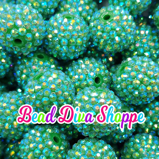 20mm - GREEN AB - Rhinestone Beads  - Bubblegum - Chunky - Round Acrylic Beads for Diy and Jewelry Making Supplies