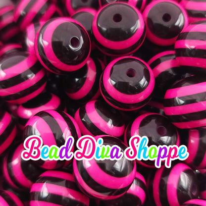 20mm - BLACK / HOT PINK - Striped Beads - Bubblegum - Round Acrylic Beads for Diy and Jewelry Making Supplies