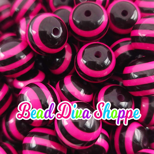 20mm - BLACK / HOT PINK - Striped Beads - Bubblegum - Round Acrylic Beads for Diy and Jewelry Making Supplies