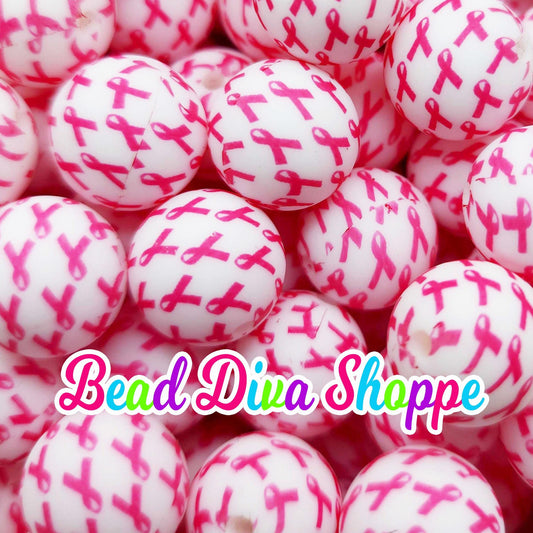 Set of 10 - 15mm - PINK RIBBON CANCER Awareness - Round Silicone Beads for Diy and Jewelry Making Supplies - Key Chains - Beaded Pens