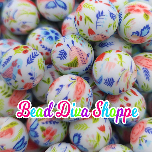 Set of 10 - 15mm - FLORAL W/ BIRDIES - Round Silicone Beads for Diy and Jewelry Making Supplies