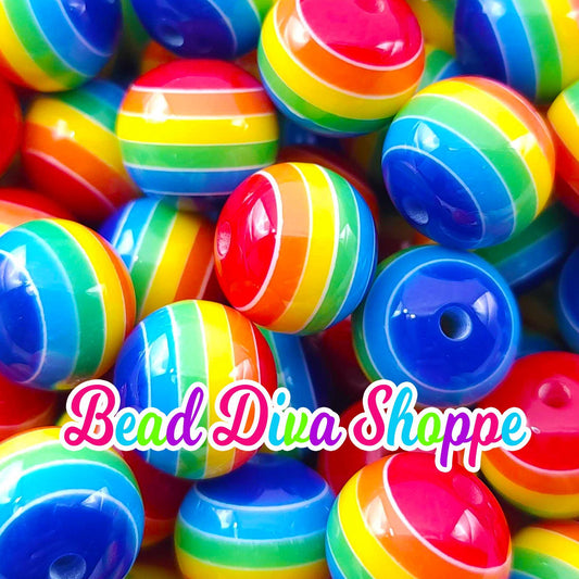 Set of 10 - 16mm - RAINBOW STRIPES - Bubblegum Beads - Round Acrylic Beads for Diy and Jewelry Making Supplies