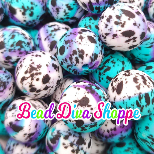 Set of 10 - 15mm - TURQUOISE PURPLE SPLATTER - Round Silicone Beads for Diy and Jewelry Making Supplies - Keychains - Beaded Pens