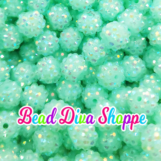 Set of 50 - 12mm - BLUE GREEN AB - Rhinestone Beads  - Bubblegum - Chunky - Round Acrylic Beads for Diy and Jewelry Making Supplies