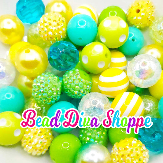 Set of 24 - 20mm - Yellow / Aqua / Lime / White - Bead Mix - Bubblegum - Round Acrylic Beads for DIY and Jewelry Making Supplies